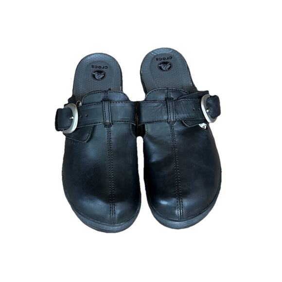 Crocs Black Leather Cobbler Buckle Slip On Clogs Mules Women’s Size 9 - Picture 4 of 9
